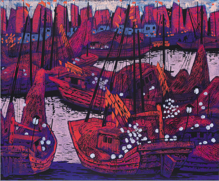 渔港印象 康永明 50×60 色木刻 1984 塘沽.png